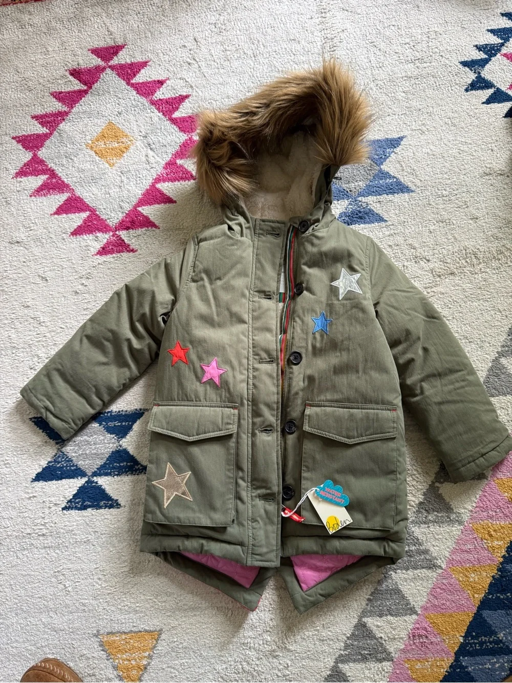 Mini Boden Girls’ Cozy Rainbow Star Parka, Size 5-6Y, NWT